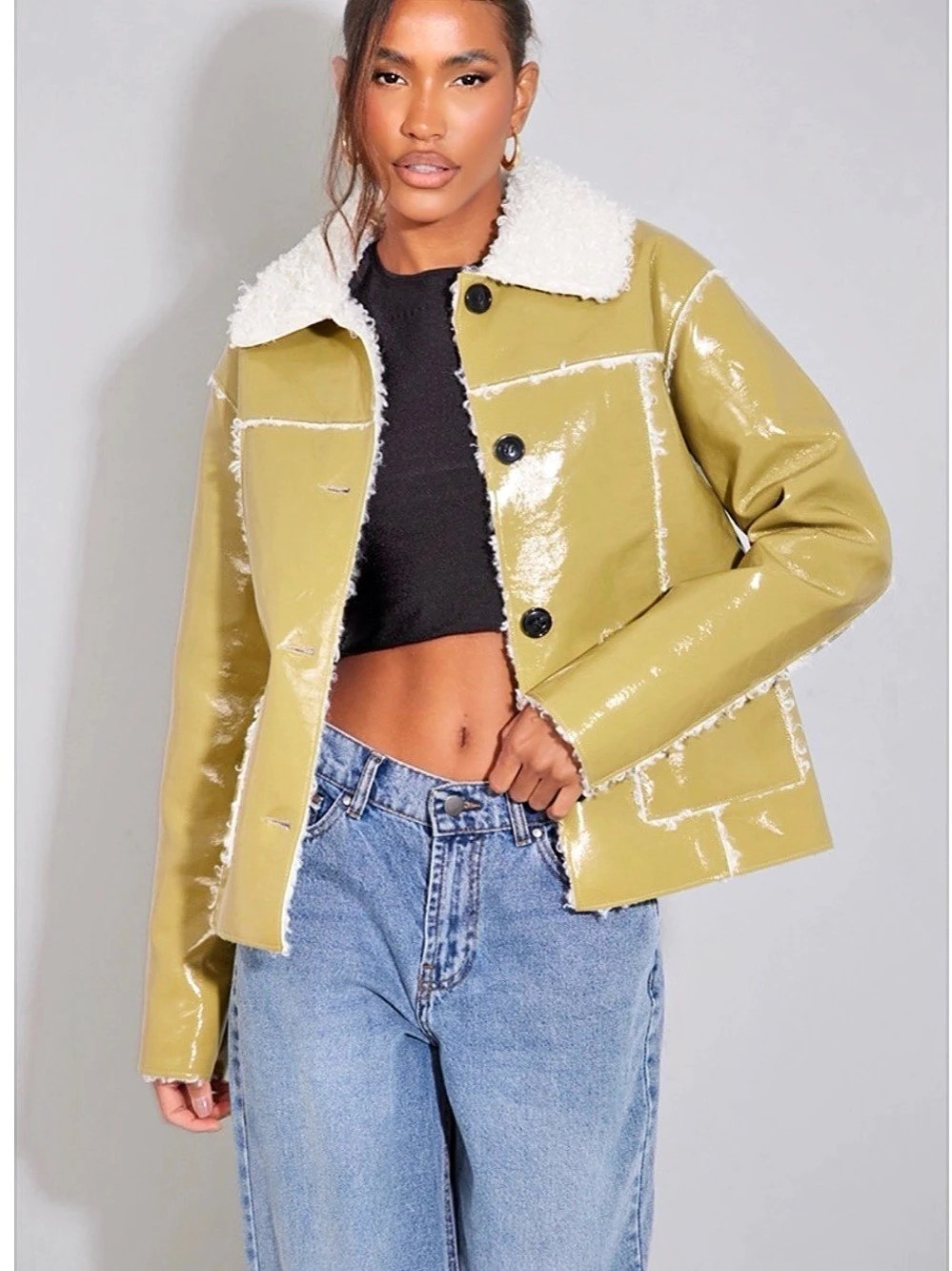 Women's Green & White Sherpa-Collar Jacket